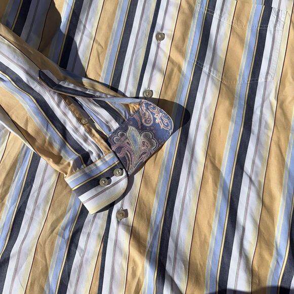 McKenzie Tribe striped button-up shirt in yellow, blue, and white. XL - Picture 3 of 9